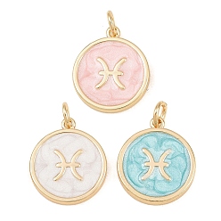 Pisces Brass Enamel Pendants, Flat Round & Constellation Charms, Rack Plating, Long-Lasting Plated, Cadmium Free & Lead Free, Golden, Pisces Charms, 17.5x15x2mm, Hole: 3mm