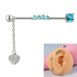 Сердце 304 Двойные серьги-подвески из нержавеющей стали с кубическим цирконием для пирсинга хряща, цвет нержавеющей стали, сердце, 38 мм, штифты : 1.6 мм, Руководитель: 5 mm