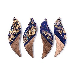 Темно-Синий Большие подвески из непрозрачной смолы и орехового дерева, лист прелести, с блестящей пудрой и золотой фольгой, темно-синий, 51~51.5x15x3.5 мм, отверстие : 1.8 мм
