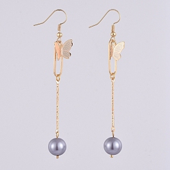 Gray Dangle Earrings, with Glass Pearl Round Beads, Iron Bar Links, Brass Pendant and Earring Hooks, Butterfly & Oval, Gray, 81mm, Pin: 0.7mm