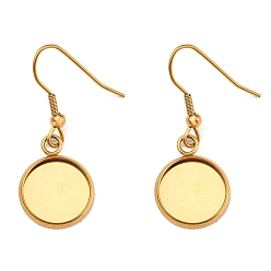 Golden Ion Plating(IP) 304 Stainless Steel Earring Hooks, with 201 Stainless Steel Cabochon Tray Settings, Flat Round, Golden, Tray: 12mm, 35mm, 21 Gauge, Pin: 0.7mm