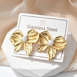 Золотой 304 из нержавеющей стали серьги, с абс пластмассовой имитационной жемчужиной, ионное покрытие (ip), бантом, золотые, 24.5x28 мм