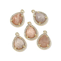 Peach Moonstone Подвески в форме капли из натурального персикового лунного камня, подвески-капли из латуни с микропаве из прозрачного кубического циркония, стойки покрытие, долговечный, золотые, 16.5x12x5 мм, отверстие : 1.2 мм