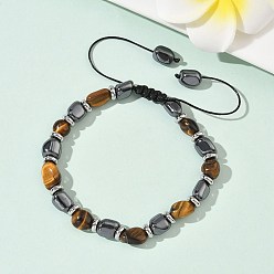 Тигровый глаз Браслеты из плетеных бусин из натурального тигрового глаза и немагнитного синтетического гематита для мужчин и женщин, овальные, с 201 фурнитурой из нержавеющей стали, внутренний диаметр: 2~3-1/4 дюйм (5.2~8.4 см)