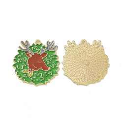 Green Christmas Theme Rack Plating Alloy Enamel Pendants, with Glitter Powder, Light Gold Tone Reindeer/Stag Charms, Green, 31x30.5x1.7mm, Hole: 1.8mm