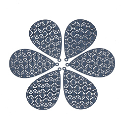 Морской Синий 430 из нержавеющей стали филигранные подвески, окрашеные, гравированные металлические украшения, слеза, Marine Blue, 35x22x0.5 мм, отверстие : 1.4 мм