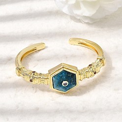 Апатит Женские шестиугольные латунные браслеты-манжеты с натуральным апатитом и кубическим цирконием, украшенные инкрустацией., золотые, внутренний диаметр: 1.89x2.34 дюйм (4.8x5.95 см), широкий: 25 мм.