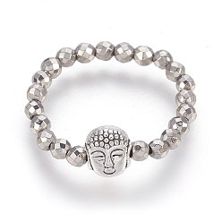 Platinum Plated Electroplate Non-magnetic Synthetic Hematite Stretch Rings, with Alloy Buddha Beads, Faceted, Round, Platinum Plated, Size 10, 20mm