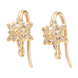 Настоящее золото 18K Крючки для сережек-цветков из латуни с микропаве из прозрачных кубических цирконий, долговечный, без никеля , реальный 18 k позолоченный, 17x8.5x9.5 мм, отверстие : 1.2 мм, штифты : 1 мм