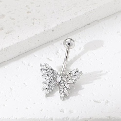 Платина Кольца для живота в форме бабочки из латуни с прозрачным кубическим цирконием и изогнутой штангой, платина, 28x19x7 мм, штифты : 1.8 мм, Руководитель: 5 mm