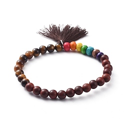 Tiger Eye Chakra Jewelry, Stretch Charm Bracelets, with Wood Beads, Natural Tiger Eye Beads and Cotton Tassel, 2-1/8 inch(5.5cm)