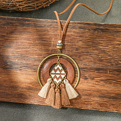 Rhombus Богемный сплав и дерево подвеска кисточка искусственная кожа шнур длинные ожерелья для женщин, античная бронза, Перу, ромб, 15.75 дюйм (40 см)