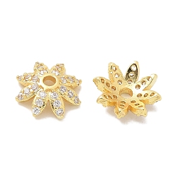 Прозрачный Покрытие стойки латунные микропаве колпачки из кубического циркония, долговечный, без свинца и без кадмия, цветок, реальный 18 k позолоченный, прозрачные, 9.5x10x3 мм, отверстие : 1.6 мм