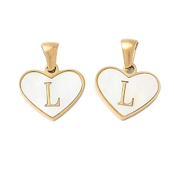 Letter L 304 сердце из натуральной белой ракушки из нержавеющей стали с подвесками в виде инициалов, ионное покрытие (ip), золотые, Письмо L, 14x16x2 мм, отверстие : 4.5x3 мм