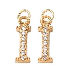 Letter I 304 Stainless Steel with Crystal Rhinestone Charms, Letter Charms, Polished, Ion Plating(IP), Golden, Letter I, 13x4x2mm, Hole: 2.5mm