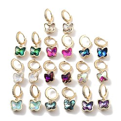 Mixed Color Light Gold Brass Micro Pave Cubic Zirconia Hoop Earrings, Glass Butterfly Drop Earrings, Mixed Color, 26.5x11.5mm