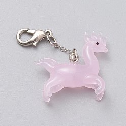 Лошадь Подвесные украшения лэмпворк ручной работы, с латунной застежкой омар коготь, Китайские знаки, платина, лошадь, 41.5 мм, кулон: 23x24x8 мм