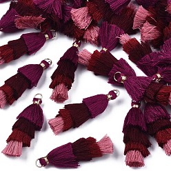 Brun Polycoton (polyester coton) pompon en couches grandes décorations pendantes, avec les accessoires en fer, or, brun, 48~55x12~15mm, Trou: 2.5x4.5mm