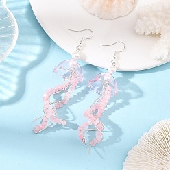 Pink Dyed Natural Malaysia Jade Jellyfish Dangle Earrings for Women, with 304 Stainless Steel Hooks & Shell Pearl & Glass Beads, Pink, 90x23mm