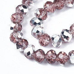 Pale Violet Red Electroplate Glass Bead Strands, Half Silver Plated, Faceted, Rondelle, Pale Violet Red, 8x6mm, Hole: 1mm, about 68~70pcs/strand, 17.3 inch