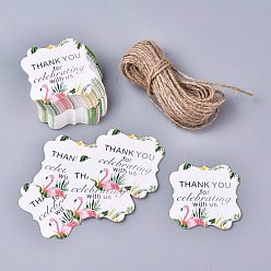 Red Floral Pattern Paper Gift Tags, Hang Tags, with Jute Twine, Square with Word Thank You for Celebrating with Us, Red, 5x5x0.05cm, Hole: 4mm, 50pcs/set