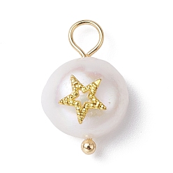 Star Natural Pearl Pendants, Potato Charms with Golden Plated Brass Slice, Star, 16~17x10~11x7~8mm, Hole: 3mm