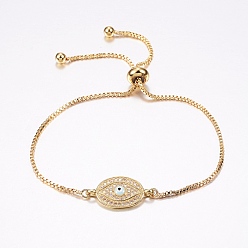 Golden Adjustable Brass Micro Pave Cubic Zirconia Bolo Bracelets, Slider Bracelets, with Brass Box Chains and Enamel, Oval with Eye, Golden, 10-1/4 inch(260mm), 1.2mm