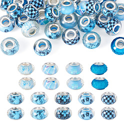 Темно-Голубой 30шт. напечатанных прозрачных европейских бусин из смолы, бусины с большим отверстием, рондель с латунными сердечниками, покрытыми серебром, и блестящей пудрой, глубокое синее небо, 14x8.5 мм, отверстие : 5 мм