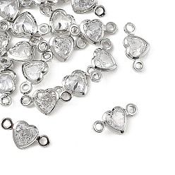 Real Platinum Plated SHEGRACE Brass Pave Clear Cubic Zirconia Heart Connector Charms, Cadmium Free & Nickel Free & Lead Free, Long-Lasting Plated, Real Platinum Plated, 9.5x5x2mm, Hole: 0.9mm & 1mm