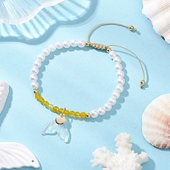 Белый Браслеты из бисера с имитацией жемчуга из натурального агата и АБС-пластика, с регулируемой нейлоновой нитью и стеклянной подвеской в виде рыбьего хвоста, белые, внутренний диаметр: 2-1/4~3 дюйм (5.7~7.6 см)