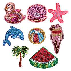 Mixed Shapes 8Pcs 8 Styles Polyester Computerized Embroidery Patches, Chenille Appliques & Polycotton Hot Melt Adhesive Clothing Patches, Sew On Iron on Patches, Appliques, with Sequin Mixed Color, Mixed Shapes, 57~101x51~93x1~1.5mm, 1pc/style
