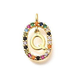 Letter Q Латунные микро проложить кубического циркония подвески, без кадмия, без никеля и без свинца, реальный 18 k позолоченный, овал с подвесками в виде букв, Буква Q, 18.5x11x3.5 мм, отверстие : 2x1.5 мм
