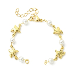 Морская звезда Морские животные 304 изготовление браслетов из звеньев нержавеющей стали, с белыми круглыми бусинами из перламутра., реальный 18 k позолоченный, морская звезда, 5.91 дюйм (15 см), отверстие : 3.3 мм