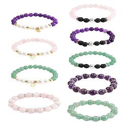 Смешанные камни 9шт 3 цвета круглые натуральные драгоценные камни бусины эластичные браслеты, с стеклянные бусы, внутренний диаметр: 2-1/4 дюйм (5.6 см), 3 цветов