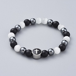 White Women Stretch Bracelets, with Cat Eye, Natural Agate, Non-Magnetic Synthetic Hematite and 304 Stainless Steel Enamel Beads, with Burlap Bags, White, 2-1/8 inch(5.5cm)