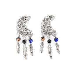 Colorful Rack Plating Alloy European Dangle Charms, with Rhinestone, Large Hole Beads, Cadmium Free & Nickel Free & Lead Free, Moon with Feather, Platinum, Colorful, 26mm, Hole: 5.5mm, Feather: 13~15x3x3mm