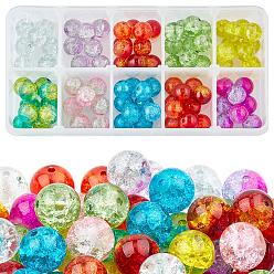 Mixed Color Spray Painted Transparent Crackle Glass Beads, Round, Mixed Color, 10mm, Hole: 1.3~1.6mm, 10 colors, 10pcs/color, 100pcs/box