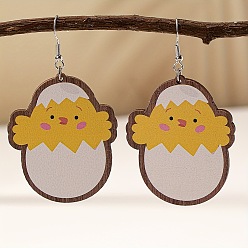 Egg Деревянные серьги-подвески с пасхальным мультяшным рисунком, платина, яйцо, 72x42 мм