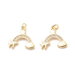 Настоящее золото 18K Латунные микропаве прозрачные подвески с фианитом, с целью перехода в кольце, без кадмия и без свинца, радуга с самолетом и облаком, реальный 18 k позолоченный, 15x15x2 мм, отверстие : 2.5 мм
