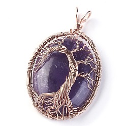 Amethyst Natural Amethyst Big Pendants, with Rose Gold Tone Brass Findings, Oval with Tree of Life, 56~58.5x35~36x12~13.8mm, Hole: 4.2~5.2x4.6~6mm