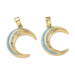 Темно-Голубой Латунные микропаве прозрачные подвески с фианитом, с эмалью, Луна прелести, стойки покрытие, долговечный, реальный 18 k позолоченный, глубокое синее небо, 18x16x3 мм, отверстие : 4.5x2.5 мм
