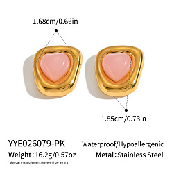 Nuggets 304 Stainless Steel Natural Rose Quartz Stud Earrings for Women, Golden, Nuggets, 18.5x16.8mm
