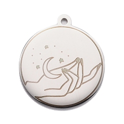 Stainless Steel Color Non-Tarnish 304 Stainless Steel Pendants, Flat Round with Moon & Hand, Stainless Steel Color, 28x25x1.4mm, Hole: 2mm