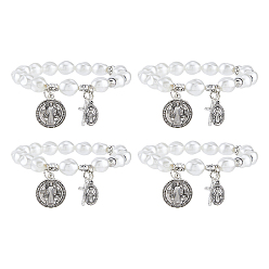 White 4Pcs Religious Alloy Beaded Charm Bracelets, Rosary Bracelets for Women, Cross & Saint Benedict & Virgin Mary, Antique Silver, White, Inner Diameter: 2.36 inch(6cm)