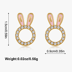 Золотой Серьги-гвоздики из латуни с микропаве из прозрачных кубических цирконий в форме кролика, с эмалью, золотые, 15x9 мм