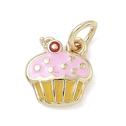 Pink Латунь эмаль прелести, с целью перехода в кольце, стойки покрытие, долговечный, без свинца и без кадмия, реальный 18 k позолоченный, торт очарование, розовые, 10.5x9x2.5 мм, отверстие : 3.2 мм