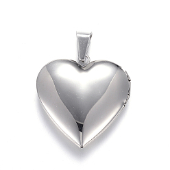 Stainless Steel Color 316 Stainless Steel Locket Pendants, Heart, Stainless Steel Color, 29x29x7mm, Hole: 9x5mm, Inner: 21x20mm