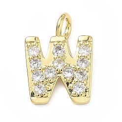Letter W Латунные микропаве прозрачные подвески с фианитом, без кадмия и без свинца, долговечный, стойки покрытие, реальный 18 k позолоченный, Буква W, 18.5x13.5x2.5 мм, отверстие : 2.5 мм