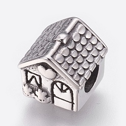Античное Серебро 316 европейские бусины из хирургической нержавеющей стали, бусины с большим отверстием, Дом с сердцем, античное серебро, 10x10x9.5 мм, отверстие : 4 мм