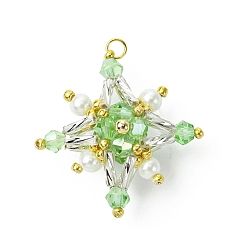 Зеленый лайм Подвески из стеклянного бисера тетраптера, с соединительным кольцом и стеклянными жемчужными круглыми бусинами, зеленый лайм, 31x31x13 мм, отверстие : 2.5 мм